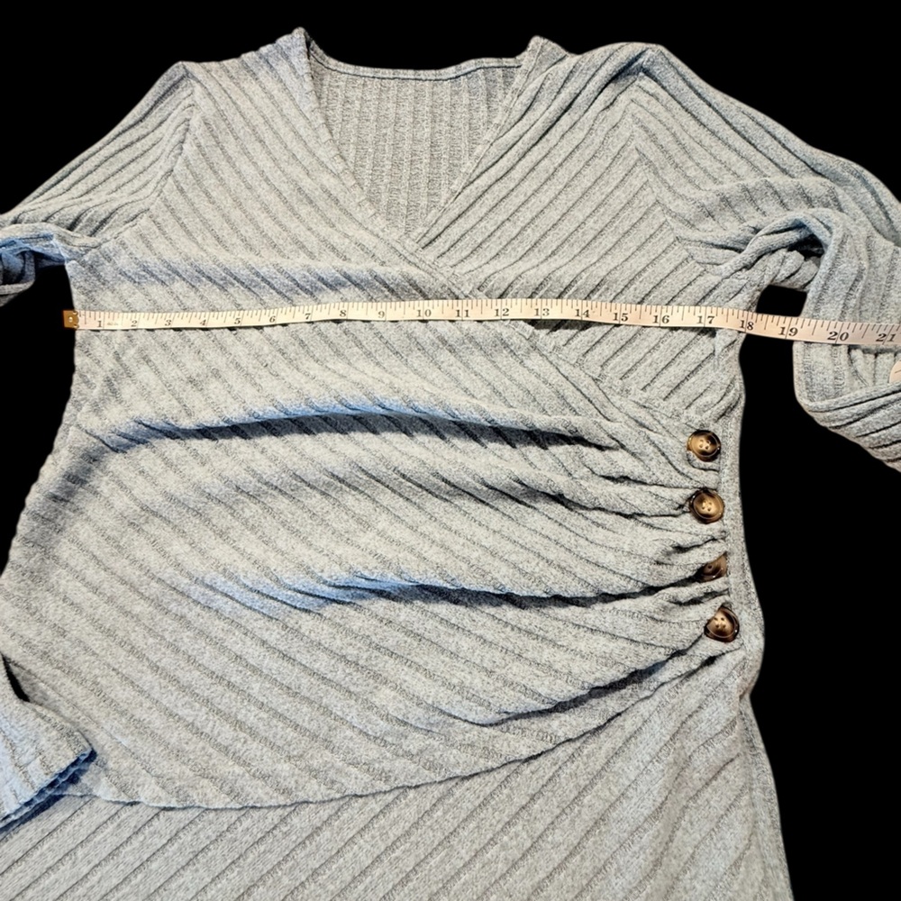 Pale Blue Ribbed Wrap Top with Button Runching - Picture 9 of 13